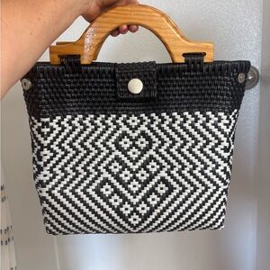 Black and White Woven Handbag with Wooden Handle